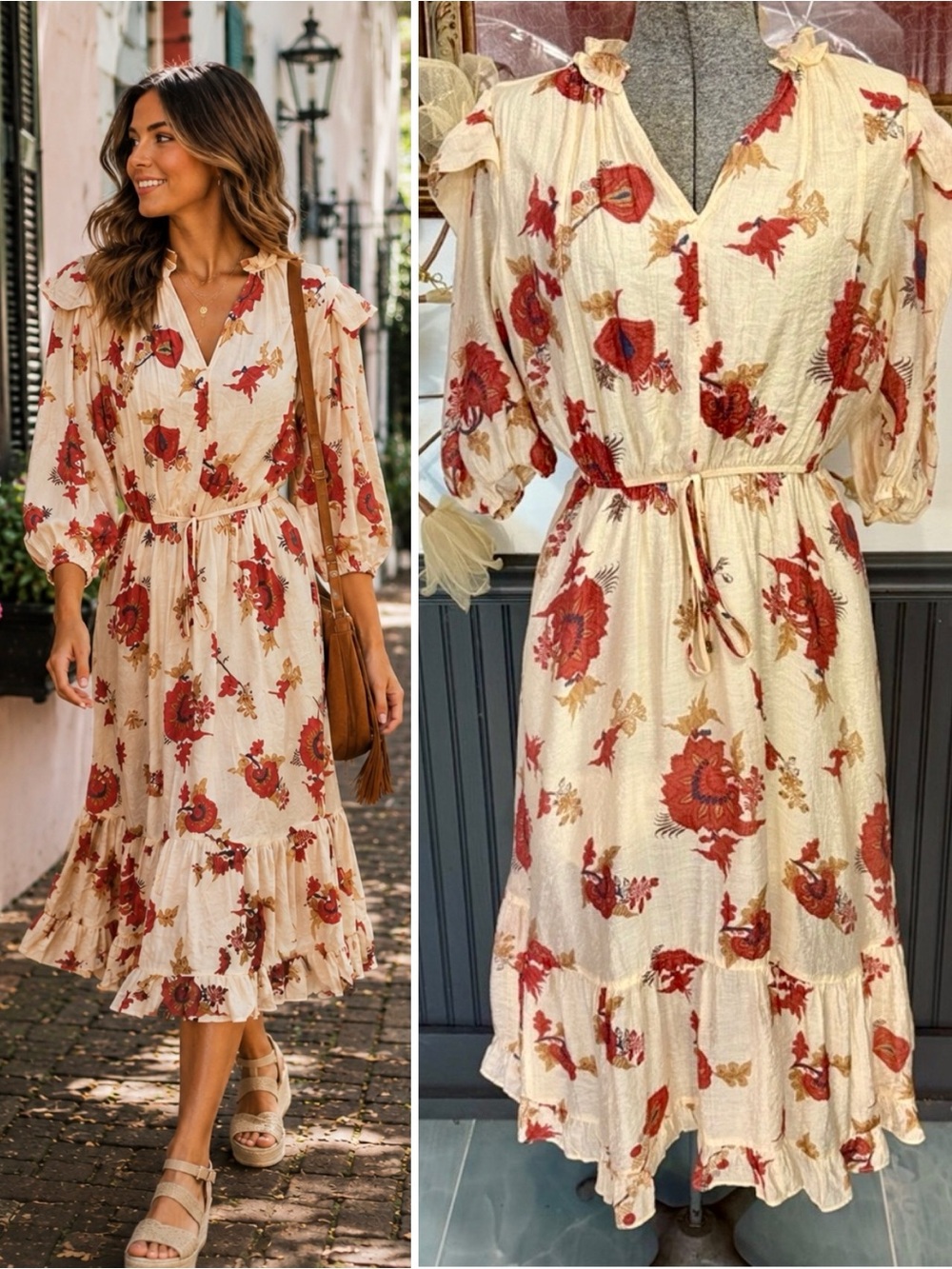 Fate Floral Ruffle Shoulder Puff Sleeve Tiered Midi Dress Size M 🧡🍄